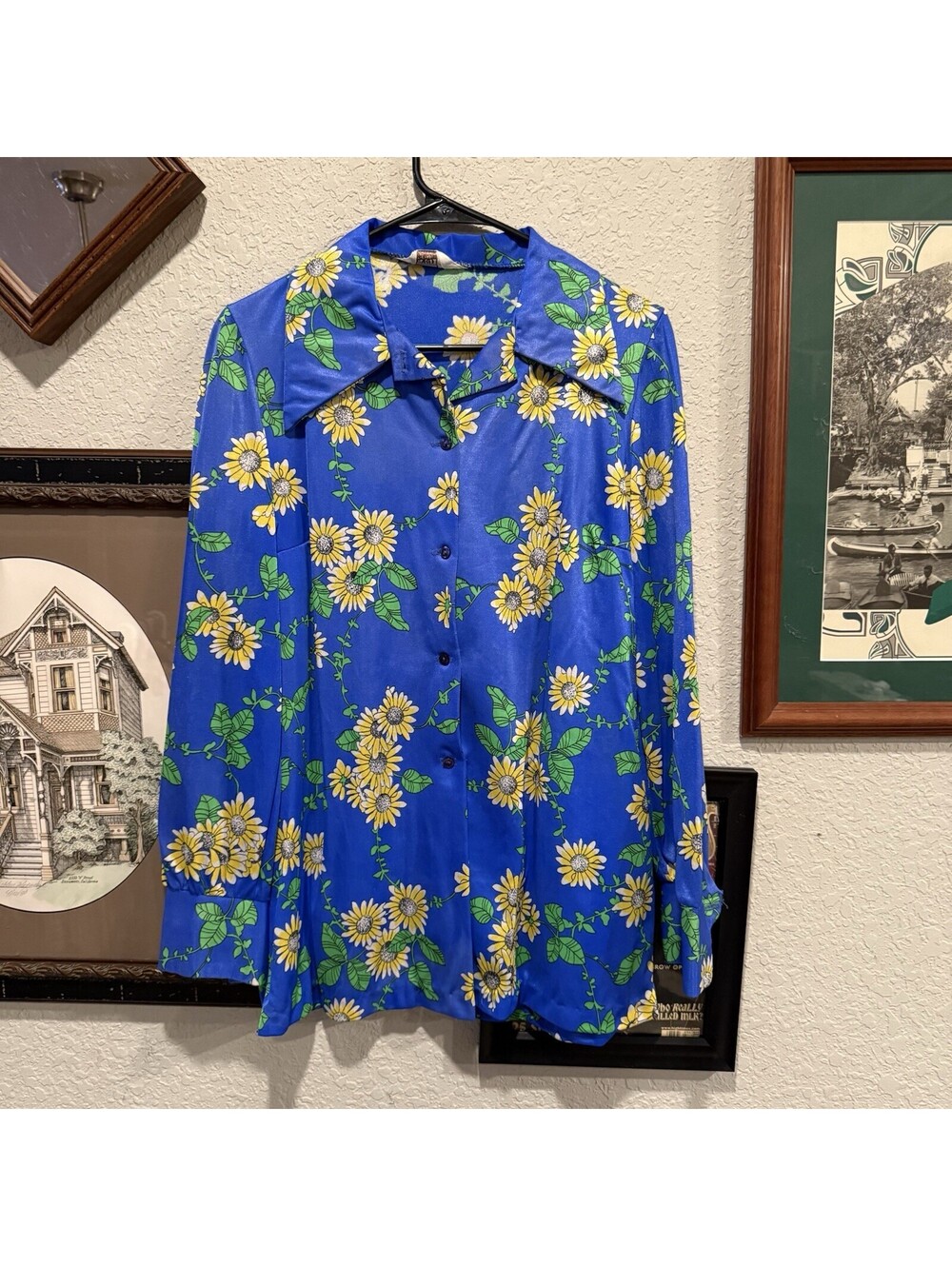 Vintage 70s RARE Montgomery Ward Disco Floral Mens Button Shirt Medium USA